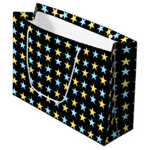 Elegant Yellow & Blue Star Pattern on Black Large Gift Bag