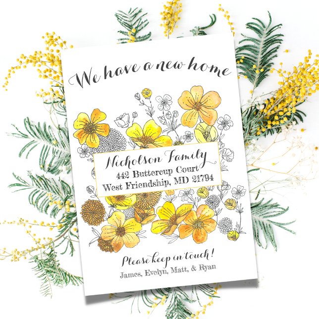 Elegant Yellow Buttercup Floral New Address Announcement (Creator Uploaded)