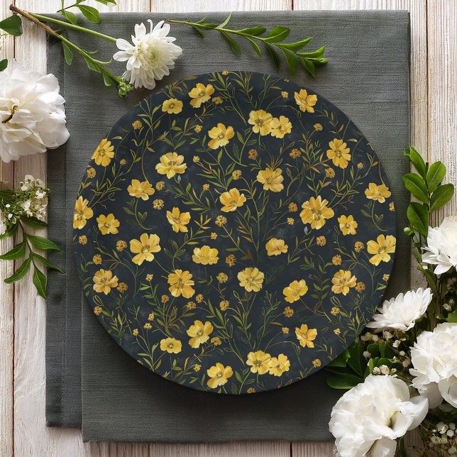Elegant Yellow Buttercup Flower Pattern Party Paper Plate (Creator Uploaded)