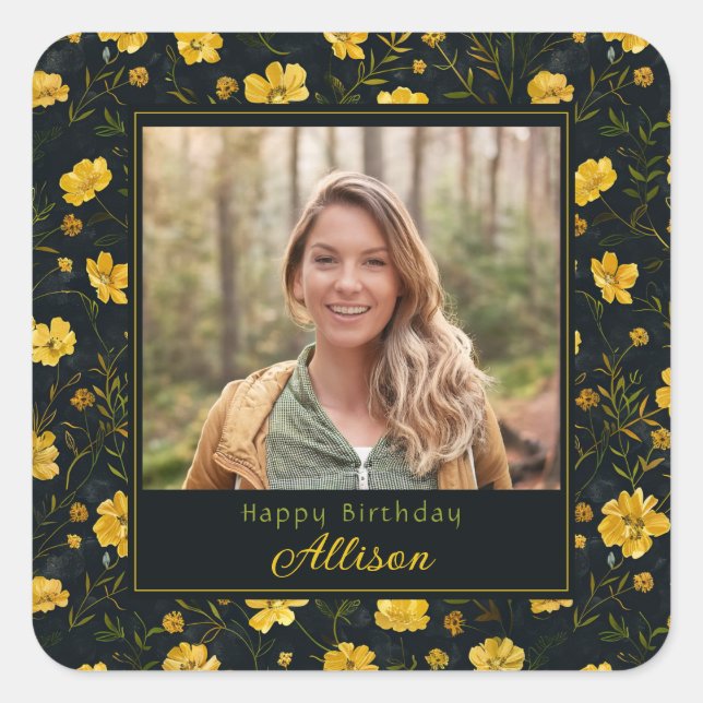 Elegant Yellow Buttercup Flower Photo Birthday Square Sticker (Front)