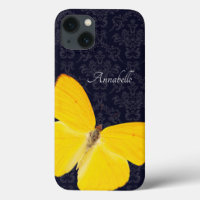 Elegant Yellow Butterfly Black Damask Add Name