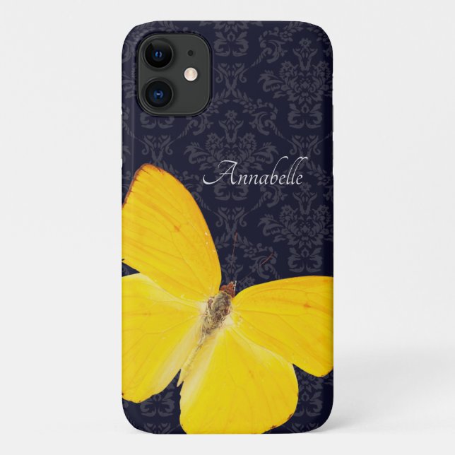 Elegant Yellow Butterfly Black Damask Add Name Case-Mate iPhone Case (Back)