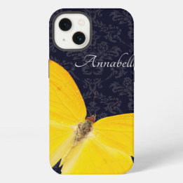 Elegant Yellow Butterfly Black Damask Add Name iPhone 13 Case