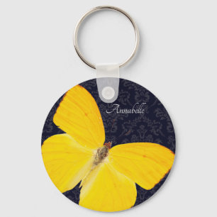 Elegant Yellow Butterfly Black Damask Add Name Key Ring