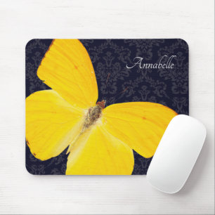 Elegant Yellow Butterfly Black Damask Add Name Mouse Pad