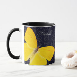 Elegant Yellow Butterfly Black Damask Add Name Mug