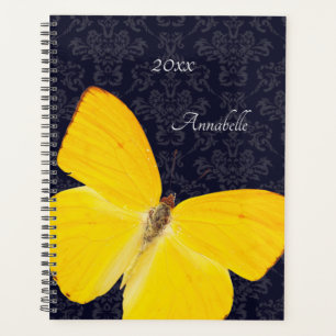 Elegant Yellow Butterfly Black Damask Add Name Planner