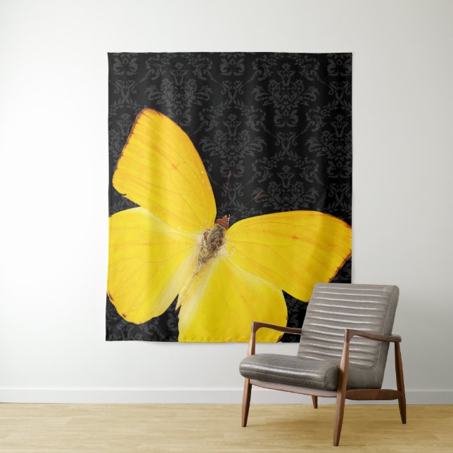 Elegant Yellow Butterfly Black Damask  Tapestry (In Situ)