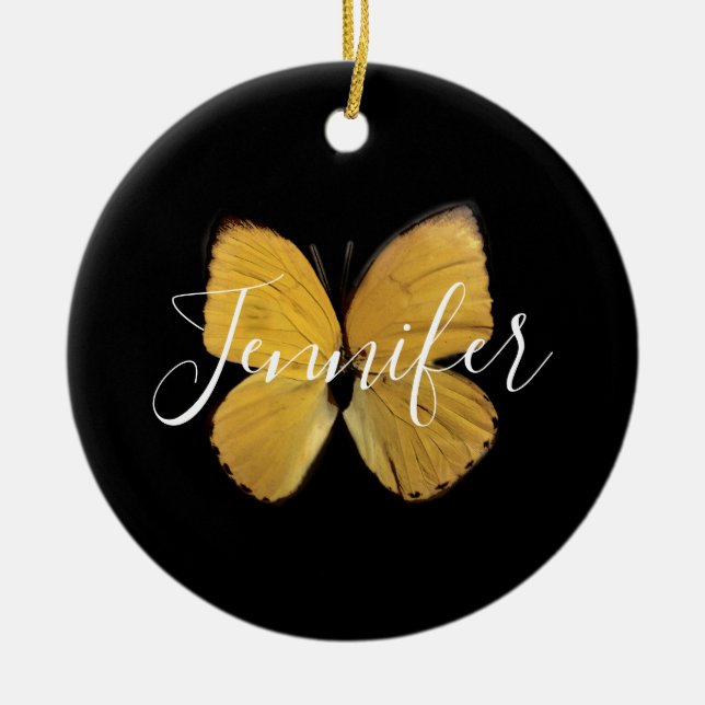 Elegant Yellow Butterfly Script Personalised Ceramic Tree Decoration (Front)