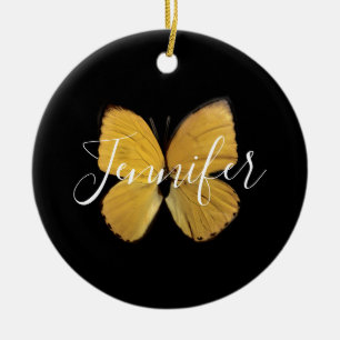 Elegant Yellow Butterfly Script Personalized Ceramic Tree Decoration