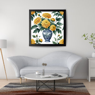 Elegant Yellow Chrysanthemums in Blue Porcelain Va Photo Print