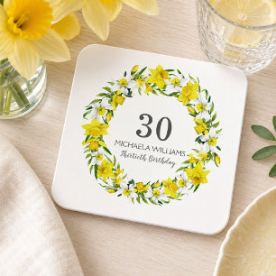 Elegant Yellow Daffodil Floral 30th Birthday Square Paper Coaster