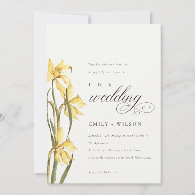 Elegant Yellow Daffodil Watercolor Wedding Invite (Front)