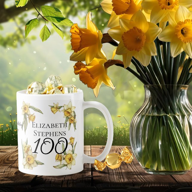 Elegant Yellow Daffodils Floral 100th Birthday Coffee Mug (Elegant Yellow Daffodils Floral "100" 100th Birthday Keepsake Coffee Mug)