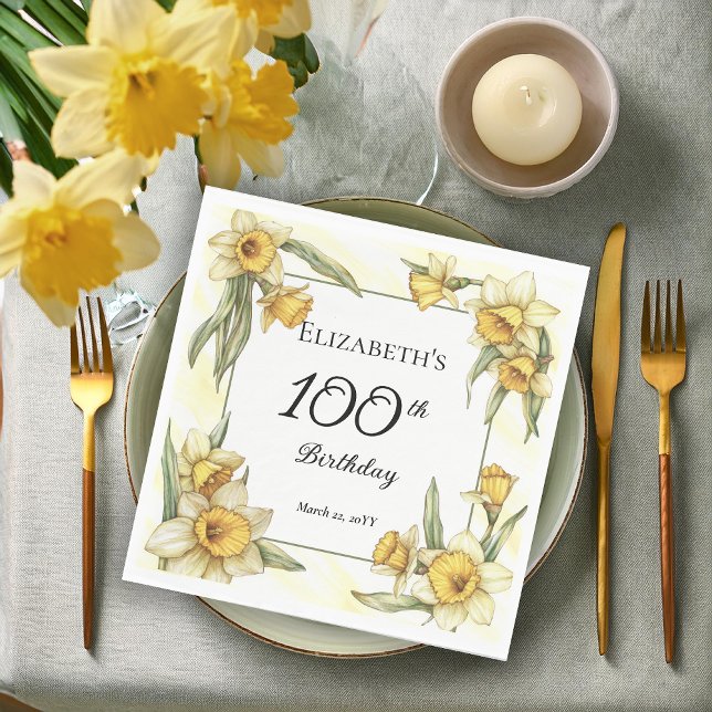 Elegant Yellow Daffodils Floral 100th Birthday Napkin (Elegant Yellow Daffodils Floral 100th Birthday Party Napkins)