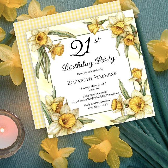 Elegant Yellow Daffodils Floral 21st Birthday Invitation (Elegant Yellow Daffodils Floral 21st Birthday Party Invitation -- Print | Download)