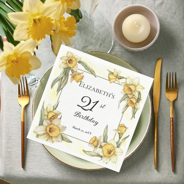Elegant Yellow Daffodils Floral 21st Birthday Napkin (Elegant Yellow Daffodils Floral 21st Birthday Party Napkins)