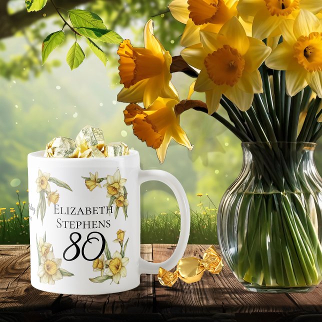 Elegant Yellow Daffodils Floral 80th Birthday Coffee Mug (Elegant Yellow Daffodils Floral "80" 80th Birthday Keepsake Coffee Mug)