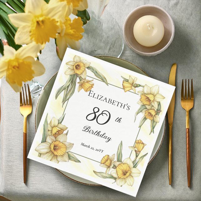 Elegant Yellow Daffodils Floral 80th Birthday Napkin (Elegant Yellow Daffodils Floral 80th Birthday Party Napkins)