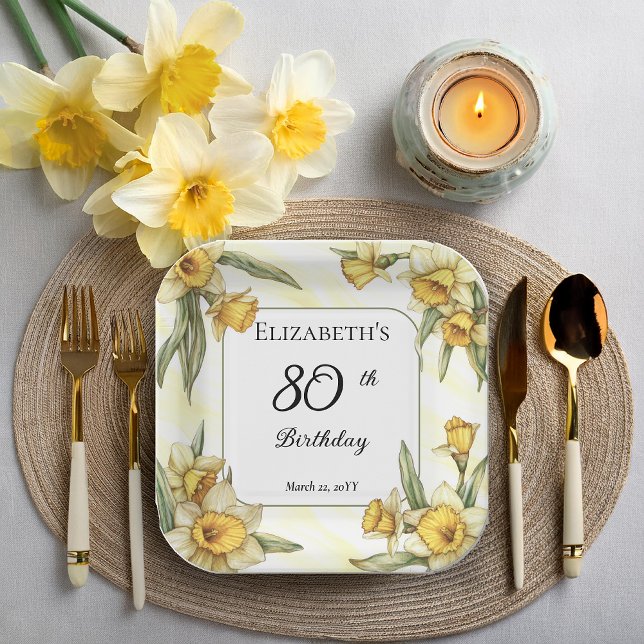 Elegant Yellow Daffodils Floral 80th Birthday Paper Plate (Elegant Yellow Daffodils Floral 80th Birthday Party Square Paper Plates)