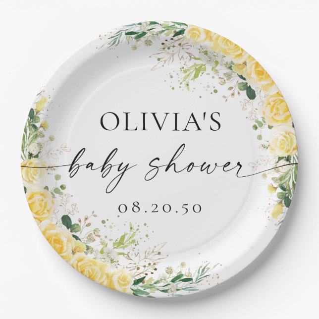 Elegant Yellow Floral Baby Shower Paper Plate (Front)