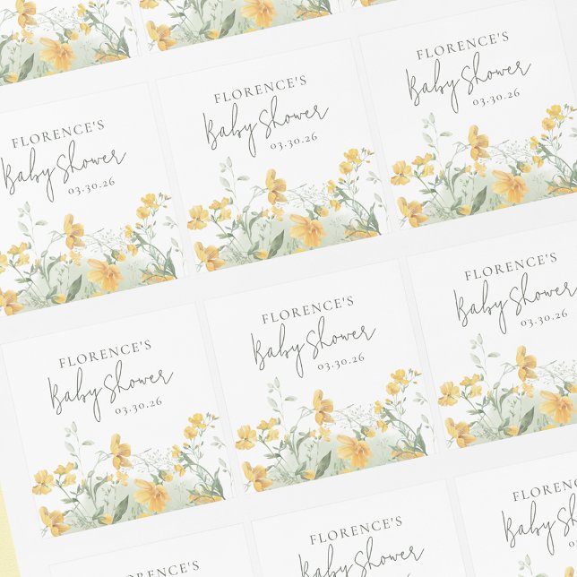 Elegant Yellow Floral Baby Shower Square Sticker (Creator Uploaded)