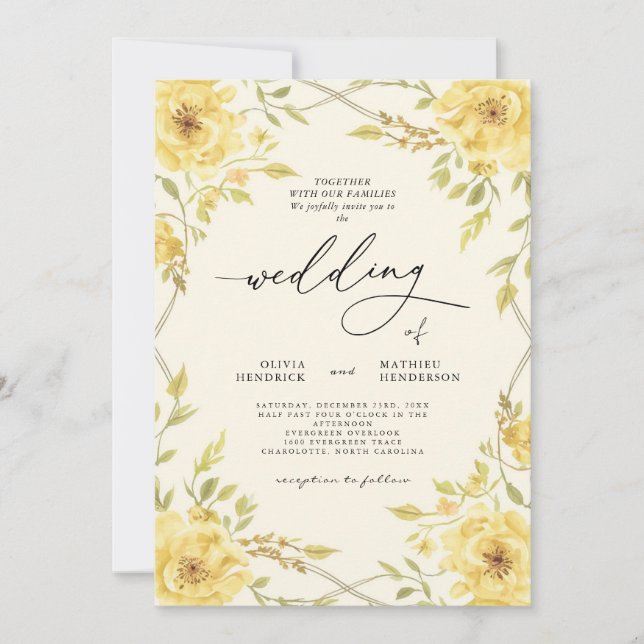 Elegant Yellow Floral Botanical Wedding Invitation (Front)