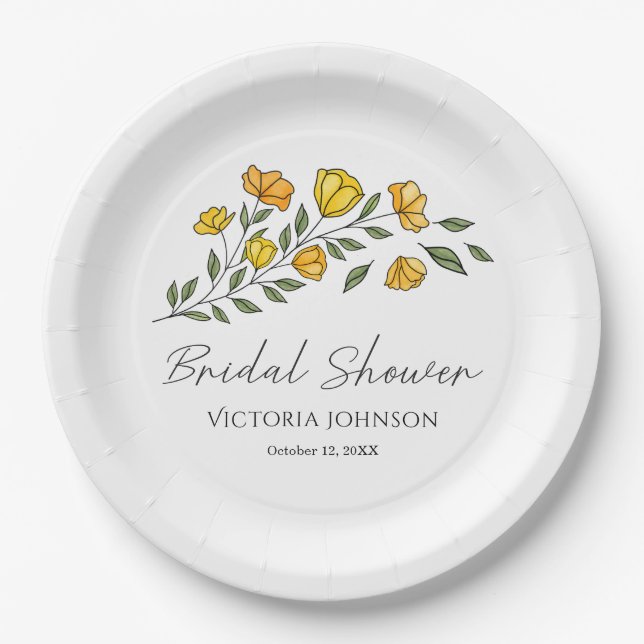  Elegant Yellow Floral Bridal Shower  Paper Plate (Front)