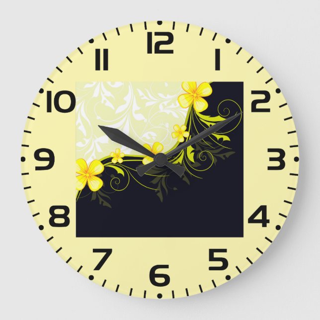 Elegant Yellow Floral Damask Large Clock (Front)