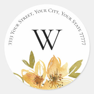 Elegant Yellow Floral Monogram Return Address Classic Round Sticker