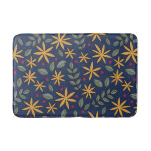 Elegant Yellow Floral Pattern on Blue Bath Mat