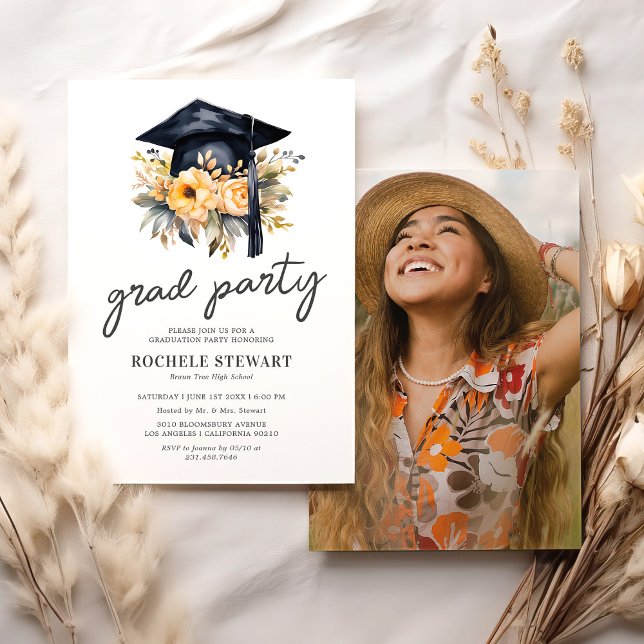 Elegant Yellow Floral Photo Graduation Party Invitation (Creator Uploaded)