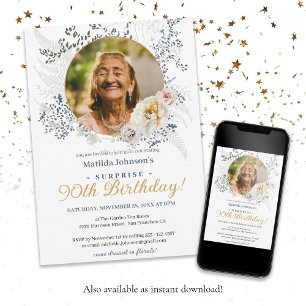 Elegant Yellow Floral Photo Surprise 90th Birthday Invitation