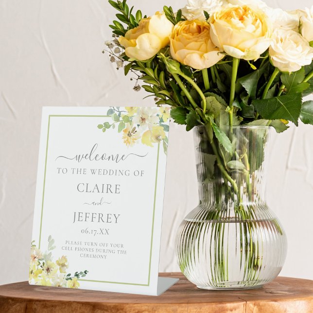 Elegant Yellow Floral Sage Green Summer Wedding Pedestal Sign (Creator Uploaded)