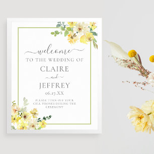 Elegant Yellow Floral Sage Green Summer Wedding Poster