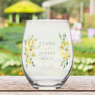 Elegant Yellow Floral Sage Green Summer Wedding Stemless Wine Glass