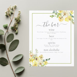 Elegant Yellow Floral Sage Green Wedding Bar Menu
