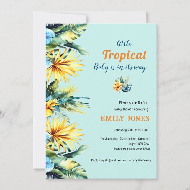 Elegant yellow floral tropical green baby shower invitation (Front)