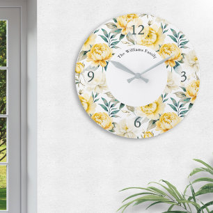 Elegant Yellow Floral Watercolor Personalised Large Clock