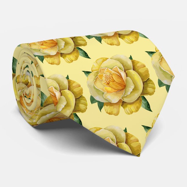 Elegant Yellow Floral Watercolor Roses Tie (Rolled)