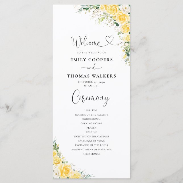 Elegant Yellow Floral Wedding Program Programme (Front)