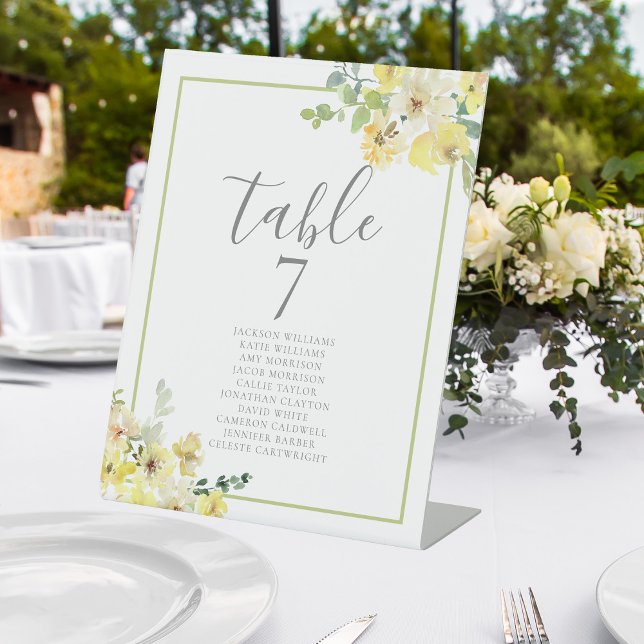 Elegant Yellow Floral Wedding Table Number w Names Pedestal Sign (Creator Uploaded)