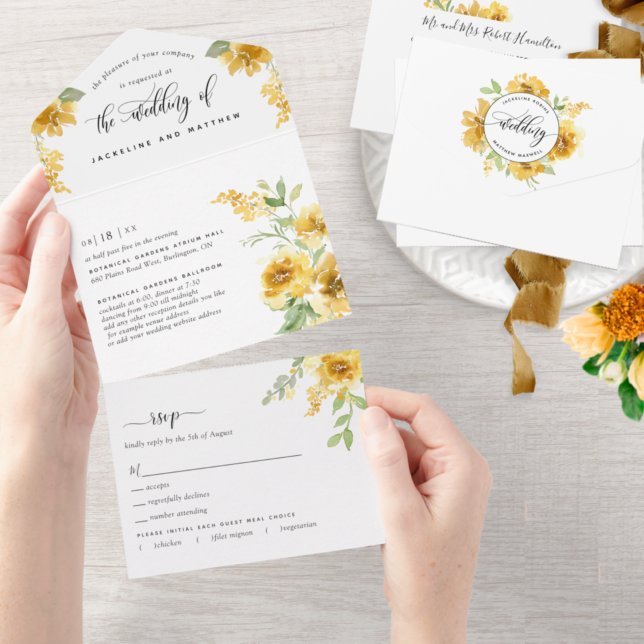 Elegant Yellow Floral Wedding Tear Off RSVP All In One Invitation (Creator Uploaded)