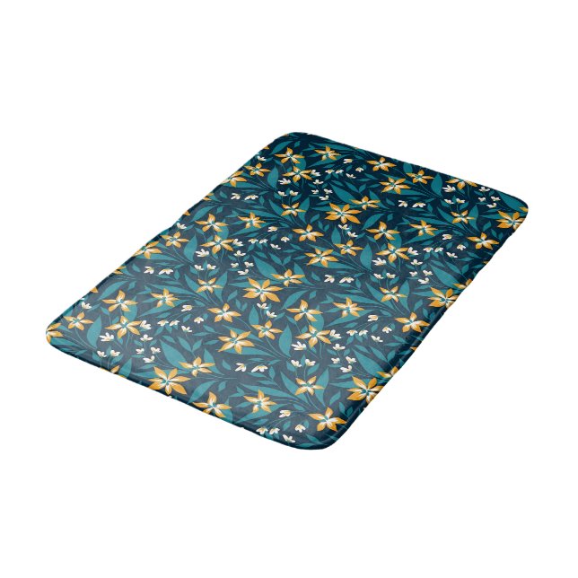 Elegant Yellow Flower Pattern in Dark Green Leaves Bath Mat (Angled)