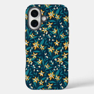 Elegant Yellow Flower Pattern in Dark Green Leaves iPhone 16 Case