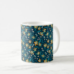 Elegant Yellow Flower Pattern in Dark Green Leaves Coffee Mug