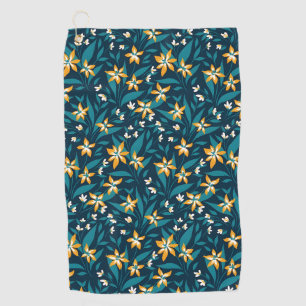 Elegant Yellow Flower Pattern in Dark Green Leaves Golf Towel