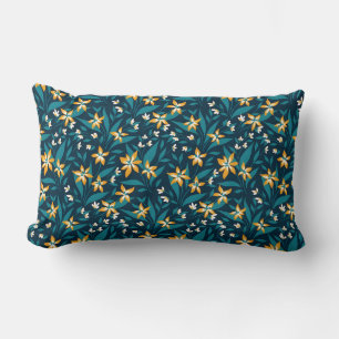 Elegant Yellow Flower Pattern in Dark Green Leaves Lumbar Cushion
