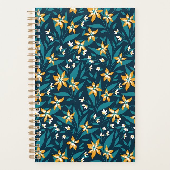 Elegant Yellow Flower Pattern in Dark Green Leaves Planner (Front)