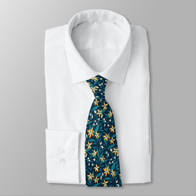 Elegant Yellow Flower Pattern in Dark Green Leaves Tie (Tied)